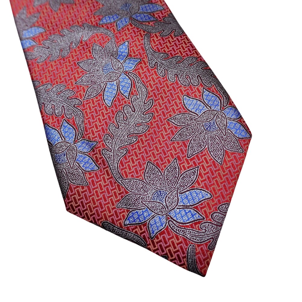 Ermenegildo Zegna Tie Mens One Size Red Floral 100% Silk Woven Italy Necktie